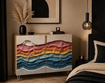 Wooden Storage Cabinet | 3D Layered Abstract Sideboard | Modern Textured Credenza | Colorful Artistic Furniture | Statement Cabinet