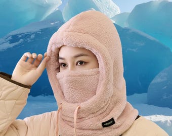 Bufanda con capucha y pasamontañas de forro polar de invierno, calentador de cuello con capucha y cordón ajustable.