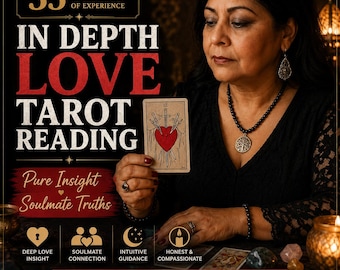 Puede incluir: Una carta de tarot que muestra el Tres de Espadas con un corazón rojo atravesado por tres espadas. El texto dice 35 YEARS OF EXPERIENCE, IN DEPTH LOVE TAROT READING, Pure Insight Soulmate Truths, DEEP LOVE INSIGHT, SOULMATE CONNECTION, INTUITIVE GUIDANCE, HONEST & COMPASSIONATE, SAME DAY READING.