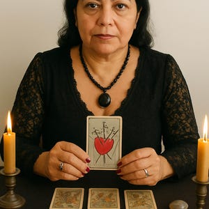 May include: A woman in a black top holds a tarot card depicting a heart pierced by three swords. Six other tarot cards are laid out on a black surface. Two lit candles flank the scene, creating a mystical ambiance. A black necklace and pendant are also visible.