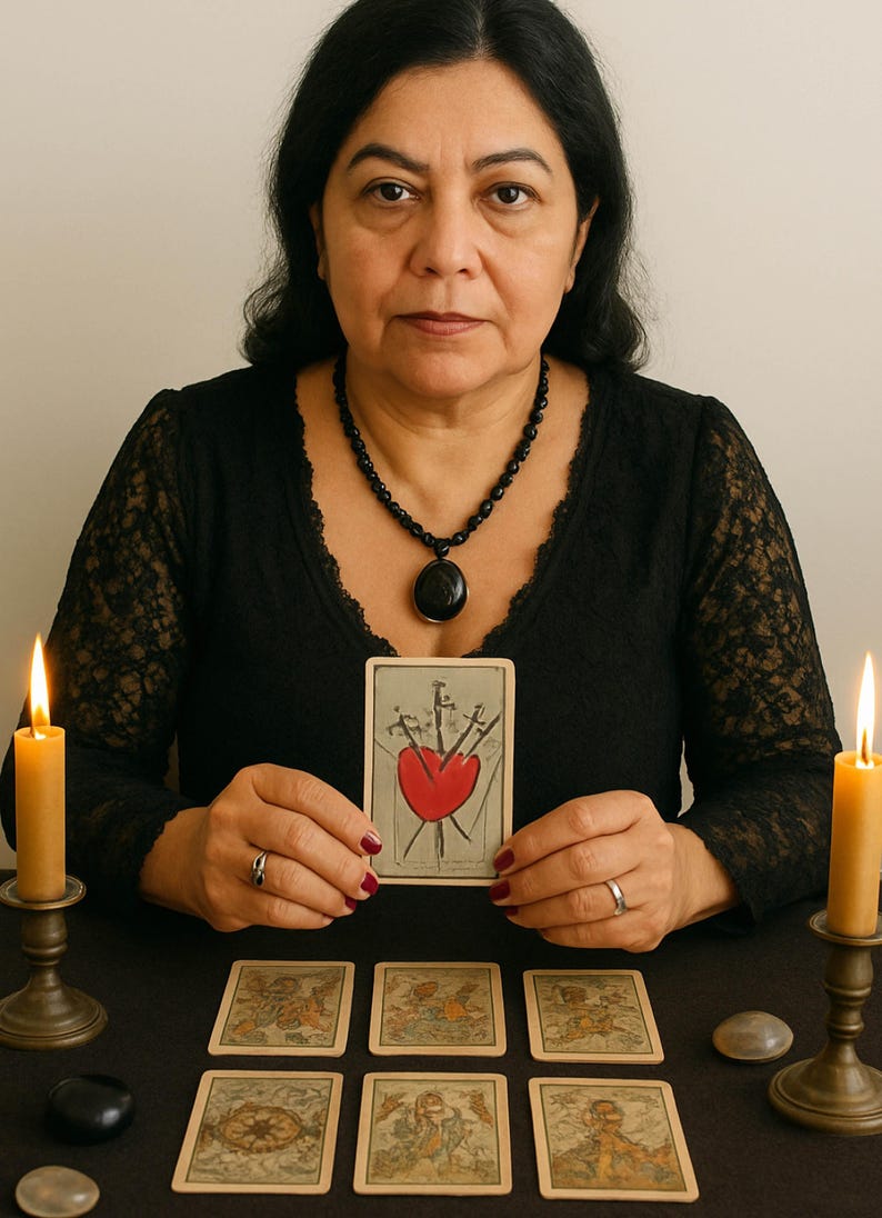 May include: A woman in a black top holds a tarot card depicting a heart pierced by three swords. Six other tarot cards are laid out on a black surface. Two lit candles flank the scene, creating a mystical ambiance. A black necklace and pendant are also visible.