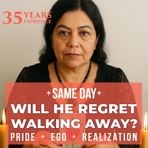 Może przedstawiać: Zdjęcie kobiety z ciemnymi włosami i czarną bluzką. Nakładka tekstowa głosi "35 LAT DOŚWIADCZENIA" oraz "SAME DAY WILL HE REGRET WALKING AWAY? PRIDE * EGO * REALIZATION."