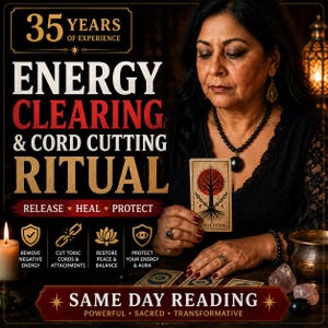 Könnte beinhalten: Eine Werbegrafik für einen Dienst zur energetischen Reinigung und zum Durchtrennen von Bindungen. Der Text enthält 35 YEARS OF EXPERIENCE, ENERGY CLEARING & CORD CUTTING RITUAL, RELEASE HEAL PROTECT und SAME DAY READING mit Symbolen.