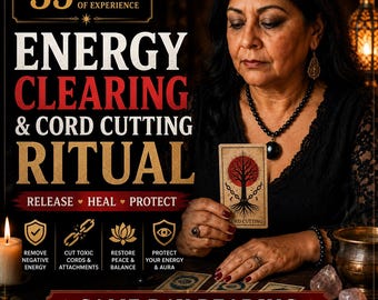 May include: A promotional graphic for an energy clearing and cord cutting ritual service. Text includes 35 YEARS OF EXPERIENCE, ENERGY CLEARING & CORD CUTTING RITUAL, RELEASE HEAL PROTECT, and SAME DAY READING. Icons depict energy and protection themes.