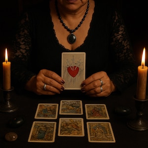 May include: A tarot card reading scene featuring a person holding a card with a heart pierced by three swords. Other tarot cards are laid out on a black surface. Two lit candles flank the scene, creating a mystical ambiance. A black necklace is worn.