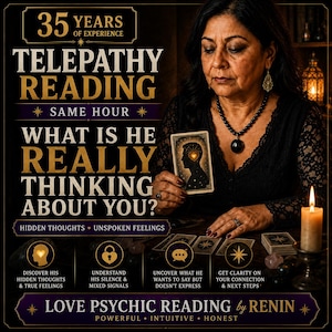 Peut inclure: Un graphique promotionnel pour un service de lecture de télépathie avec le texte 35 Years of Experience, Telepathy Reading, What Is He Really Thinking About You?, et Love Psychic Reading by Renin, accompagné d'une illustration de carte de tarot.