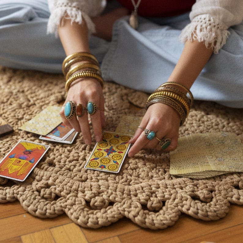 May include: A close-up of tarot cards being laid out on a beige, crocheted mat. The cards are yellow, red, and gold. The person's hands are adorned with gold bracelets and turquoise rings. The mat is on a wooden floor.