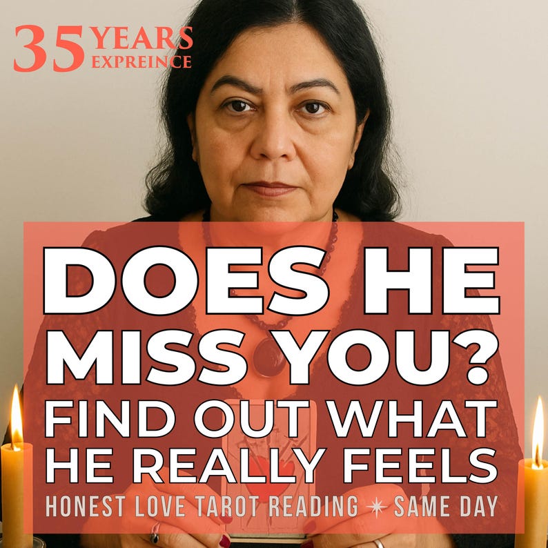 May include: An image featuring a woman with dark hair and a red top. Text on a red background reads "DOES HE MISS YOU? FIND OUT WHAT HE REALLY FEELS." The image also includes the text "35 YEARS EXPREINCE" and "HONEST LOVE TAROT READING SAME DAY."