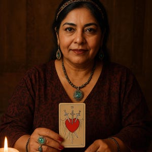 May include: A woman wearing a burgundy top and jewelry holds a tarot card. The card features a red heart pierced by three swords, with the word "TB" at the top. The woman has dark hair and is looking at the camera.