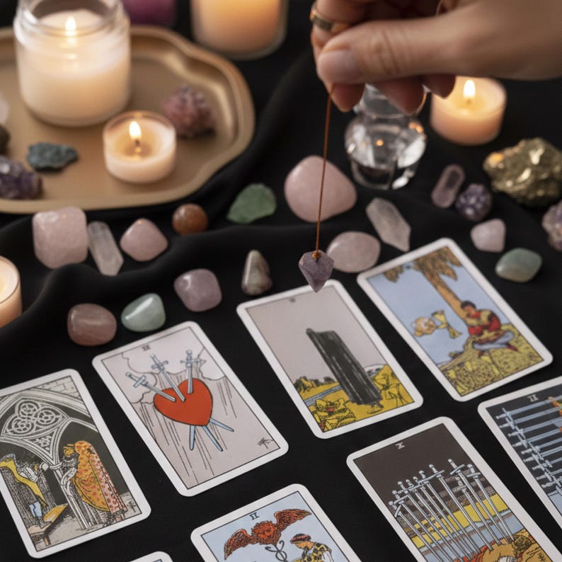 May include: A divination scene featuring tarot cards, crystals, and lit candles on a black cloth. A hand holds a purple crystal pendulum over the cards. Various gemstones and candles are arranged around the cards, creating a mystical atmosphere.