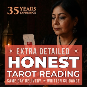 May include: An image promoting tarot readings. The text reads "EXTRA DETAILED HONEST TAROT READING" with "SAME DAY DELIVERY" and "WRITTEN GUIDANCE." A woman is holding a tarot card. The image also includes the text "35 YEARS EXPREINCE."