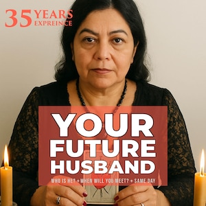 May include: A woman with dark hair and a black top is holding a card. The text on the card reads "YOUR FUTURE HUSBAND". The image also includes the text "35 YEARS EXPREINCE" and "WHO IS HE? + WHEN WILL YOU MEET? + SAME DAY". Two lit candles are on either side.