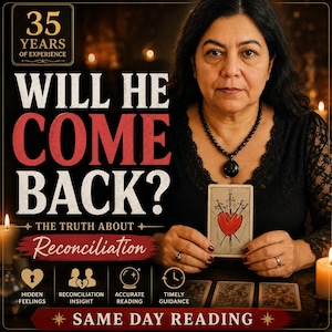 Puede incluir: Una persona sostiene una carta de tarot del Tres de Espadas con el texto 35 YEARS OF EXPERIENCE, WILL HE COME BACK? THE TRUTH ABOUT RECONCILIATION, HIDDEN FEELINGS, RECONCILIATION INSIGHT, ACCURATE READING, TIMELY GUIDANCE y SAME DAY READING.