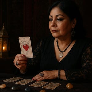 May include: A woman in a black lace top holds a tarot card with a red heart pierced by three swords. Other tarot cards are on the table, along with crystals and a lit candle. The scene is dimly lit, creating a mystical atmosphere.