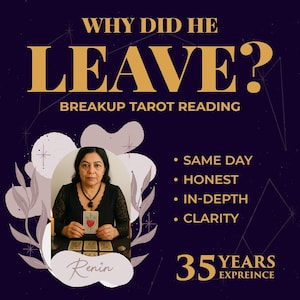 Può includere: Immagine promozionale per un servizio di lettura dei tarocchi. Il testo recita "WHY DID HE LEAVE? BREAKUP TAROT READING." Una donna tiene in mano una carta dei tarocchi. Il testo include anche "SAME DAY, HONEST, IN-DEPTH, CLARITY" e "35 YEARS EXPREINCE."