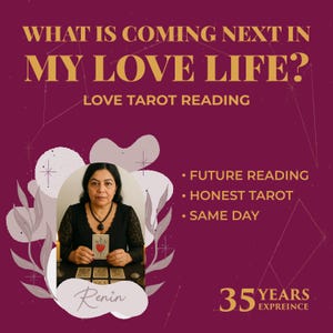 May include: A burgundy graphic with the text "WHAT IS COMING NEXT IN MY LOVE LIFE?" and "LOVE TAROT READING." It also includes a photo of a woman holding a tarot card. Additional text includes "FUTURE READING," "HONEST TAROT," and "SAME DAY."