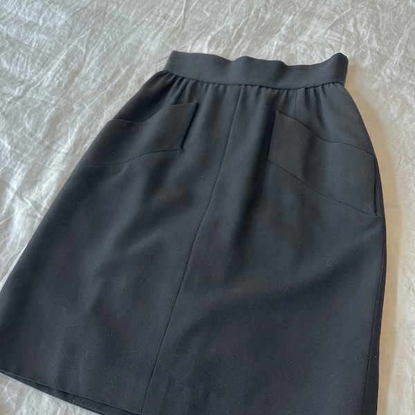 1980's Saint Laurent Black Wool Skirt | rive gauche | Front Pockets | Button Back | High Waisted | XS - Small 24" Waist
