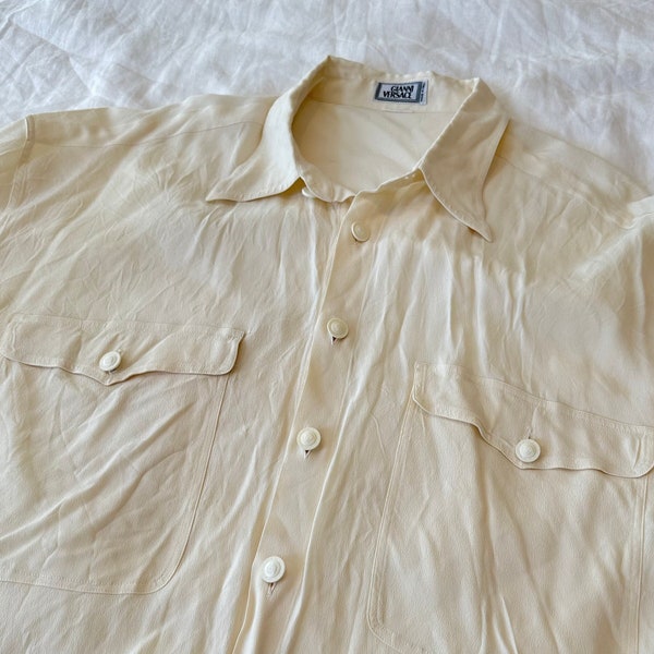 1990's Gianni Versace Button Up | Sheer Ivory | Crepe Rayon | Medusa Buttons | Oversized Boyfriend | Long Sleeve | Size Large - XL