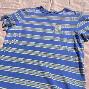 1990&#39;s Polo by Ralph Lauren Striped T-Shirt | Blue Southwest Stripes | 100% Cotton | Front Pocket | Short Sleeve Tee | Size Large