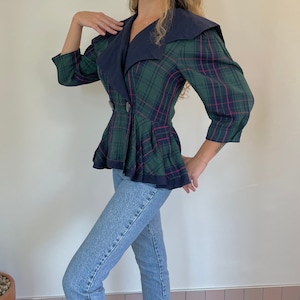 80's Tartan Peplum Jacket | Three Quarter Puff Sleeves | Cropped Cotton Jacket | Ruffle Hem | Sailor Square Collar | Howard Wolf | Size XS-S