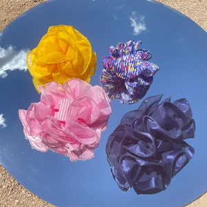 1980&#39;s Oversized Ruffle Hair Clips | Big Chiffon Claw Hair Accessories | Vintage 90&#39;s Large Bow Rosette | Layered Fabric