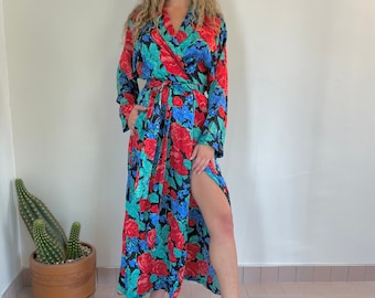 1980's Pure Silk Floor Length Robe | Long Sleeve Maxi Dressing Gown | Red Floral | Nordstrom Lingerie | Size Small