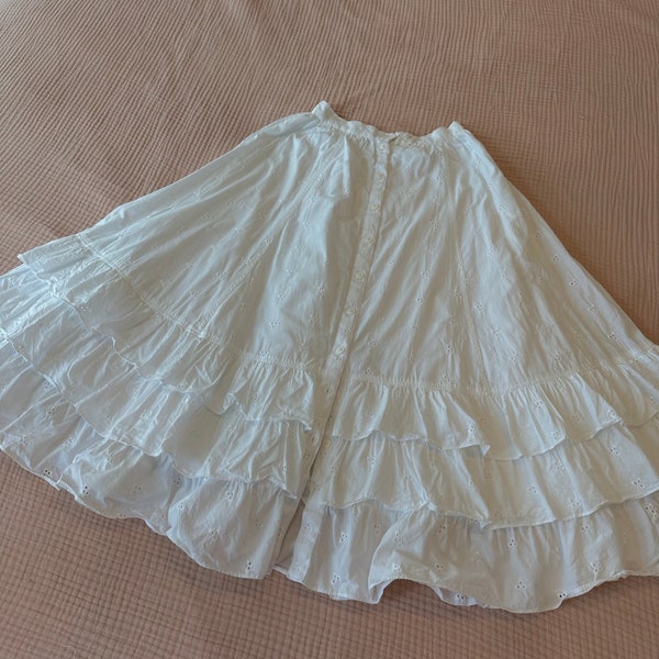 100% Cotton Petticoat Ruffle Skirt | Embroidered Eyelet Floral | Button Down | Full Layers | White | Victorian | XS - Small 24" Waist