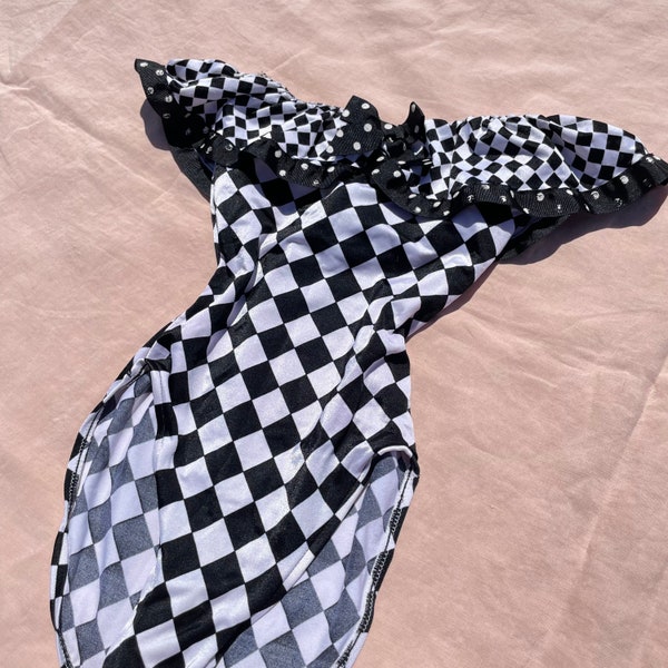 Bill Blass Strapless Ruffle Swimsuit | 1980's One Piece | Harlequin | Black & White Checkered | Bow | Size 8 XS - Small