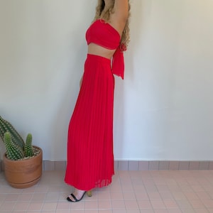 Sheer Silk Chiffon Red Pleated Wide Leg Pants | Vintage High Waisted Palazzo Trousers | Matching Silk Scarf | Size 4 26&quot; Waist