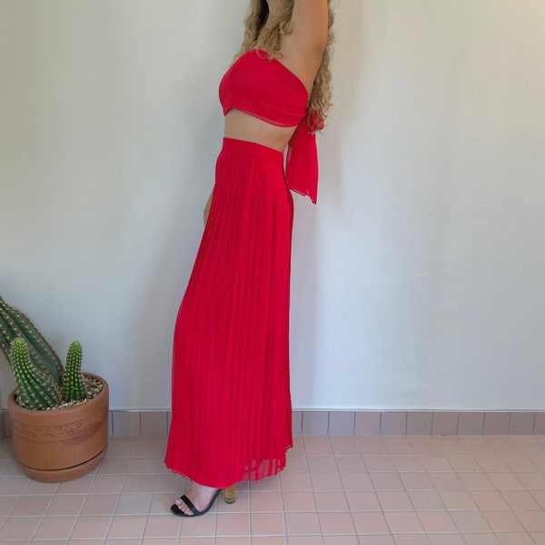 Sheer Silk Chiffon Red Pleated Wide Leg Pants | Vintage High Waisted Palazzo Trousers | Matching Silk Scarf | Size 4 26" Waist