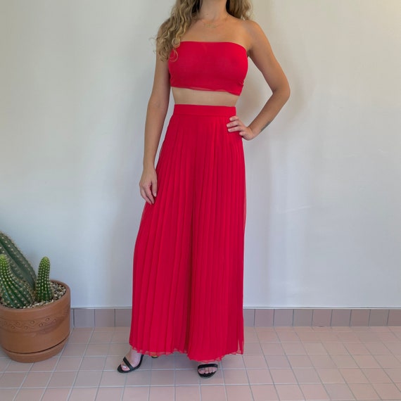 Sheer Silk Chiffon Red Pleated Wide Leg Pants | V… - image 9