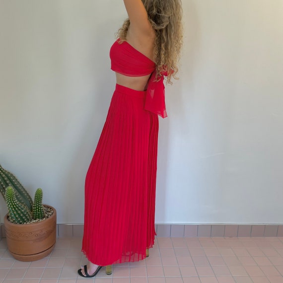 Sheer Silk Chiffon Red Pleated Wide Leg Pants | V… - image 8