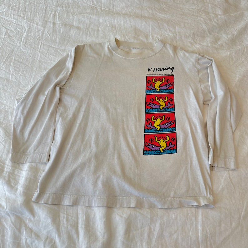1991 Keith Haring T-shirt Dolphin & Waves Ocean Front Back Graphic Long ...