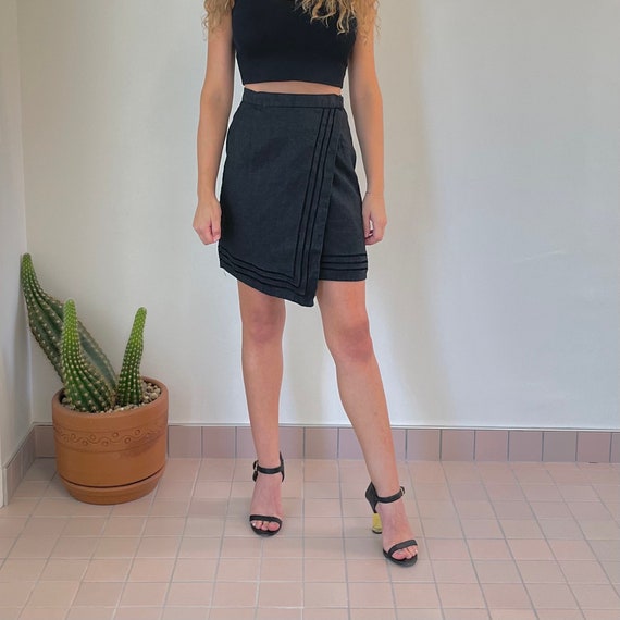 Black Linen Wrap Mini Skirt | Casual Short Skirt … - image 1