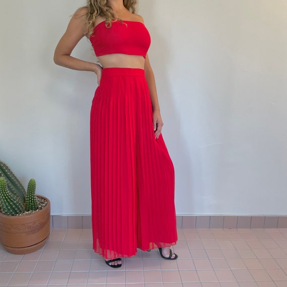 Sheer Silk Chiffon Red Pleated Wide Leg Pants | V… - image 4