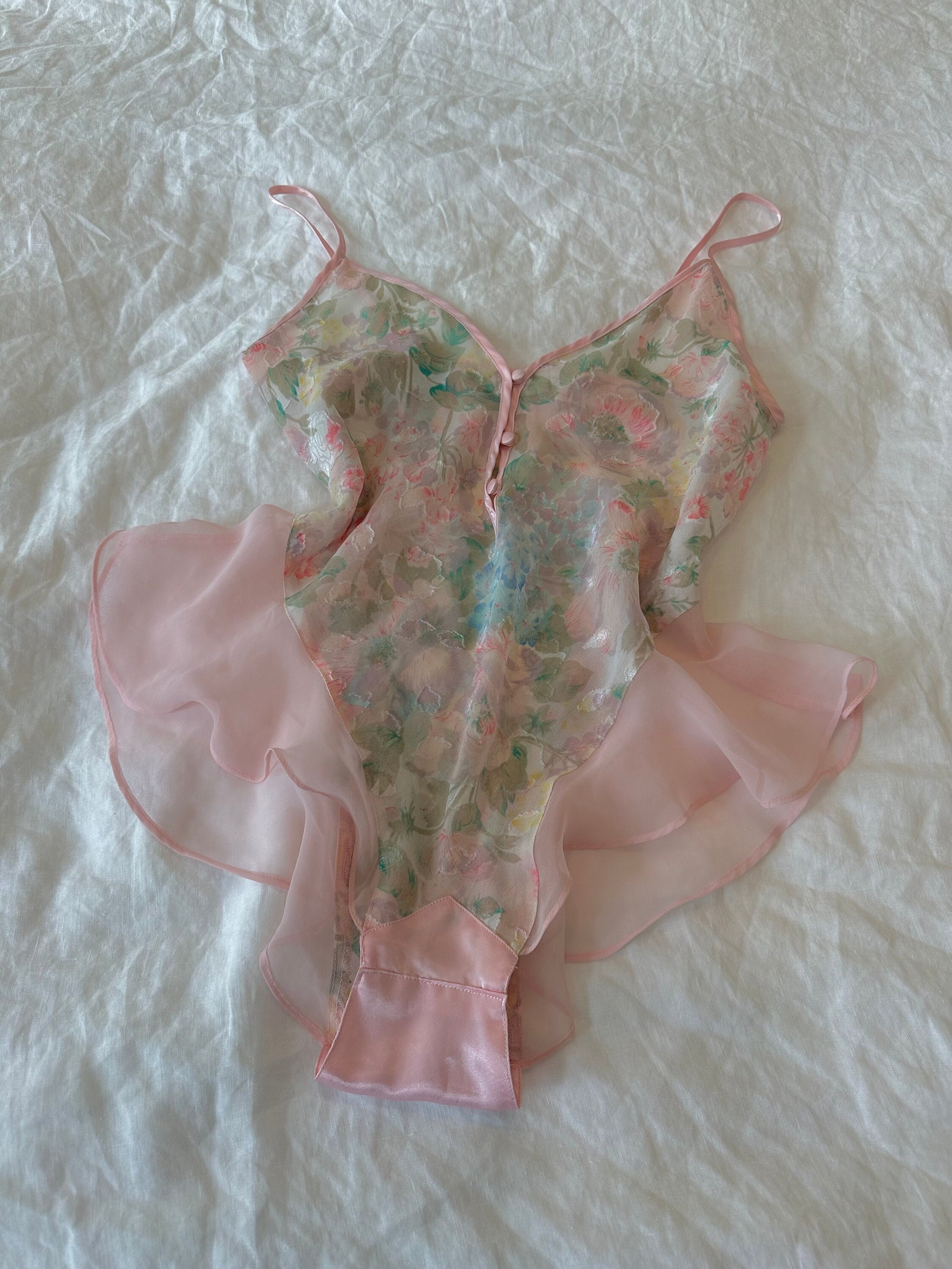 Vintage 1980s Warner Salmon Pink Teddy, Pink Nylon & Lace Lingerie