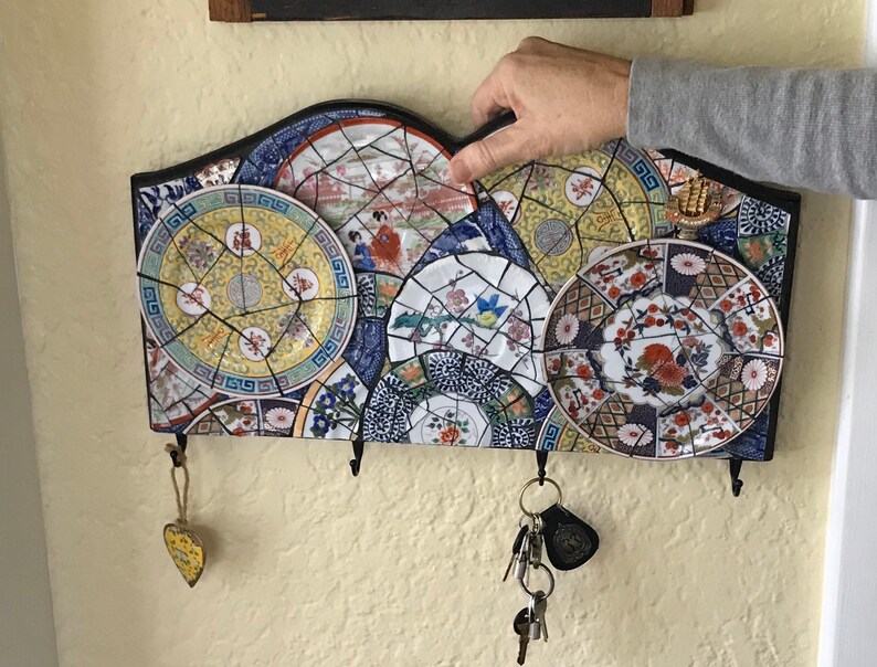 Mosaic China Plates Key Hook Rack hook holder Asian Dragon Ship Vintage jewelry