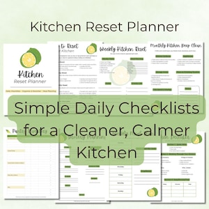 May include: A Kitchen Reset Planner printable system featuring multiple pages with lime green accents and citrus illustrations. The pages include sections for daily checklists, weekly kitchen resets, monthly deep cleaning, pantry inventory, and grocery planning.