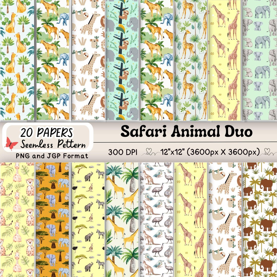 20 Cute Safari Duo Animal Seamless Paper | Friendly Wildlife Theme for ...