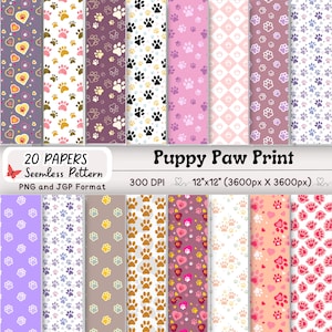 Pode incluir: Uma coleção de 20 papéis estampados sem costura com pegadas de patas de cachorrinho em várias cores. Os designs incluem pegadas de patas, corações e outros padrões. Os papéis medem 30.48 cm x 30.48 cm e estão disponíveis em formatos PNG e JPG.