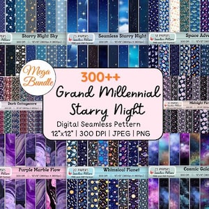 May include: A digital seamless pattern bundle titled "Grand Millennial Starry Night." The image displays various designs, including starry skies, galaxies, and floral patterns. Each design is 12"x12" at 300 DPI, available in JPEG and PNG formats.