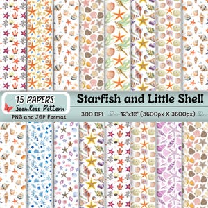 May include: A collection of 15 seamless pattern papers featuring starfish and seashells in various designs. The patterns include watercolor illustrations of starfish, shells, and coral in shades of orange, beige, and blue. The papers are 12"x12" (3600px x 3600px).