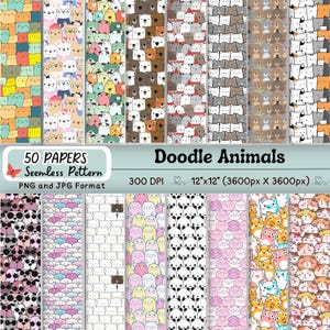 May include: A collection of 50 seamless pattern papers featuring doodle animal designs. The papers are 12"x12" (3600px x 3600px) and come in PNG and JPG formats. The image includes various animal illustrations in different colors.