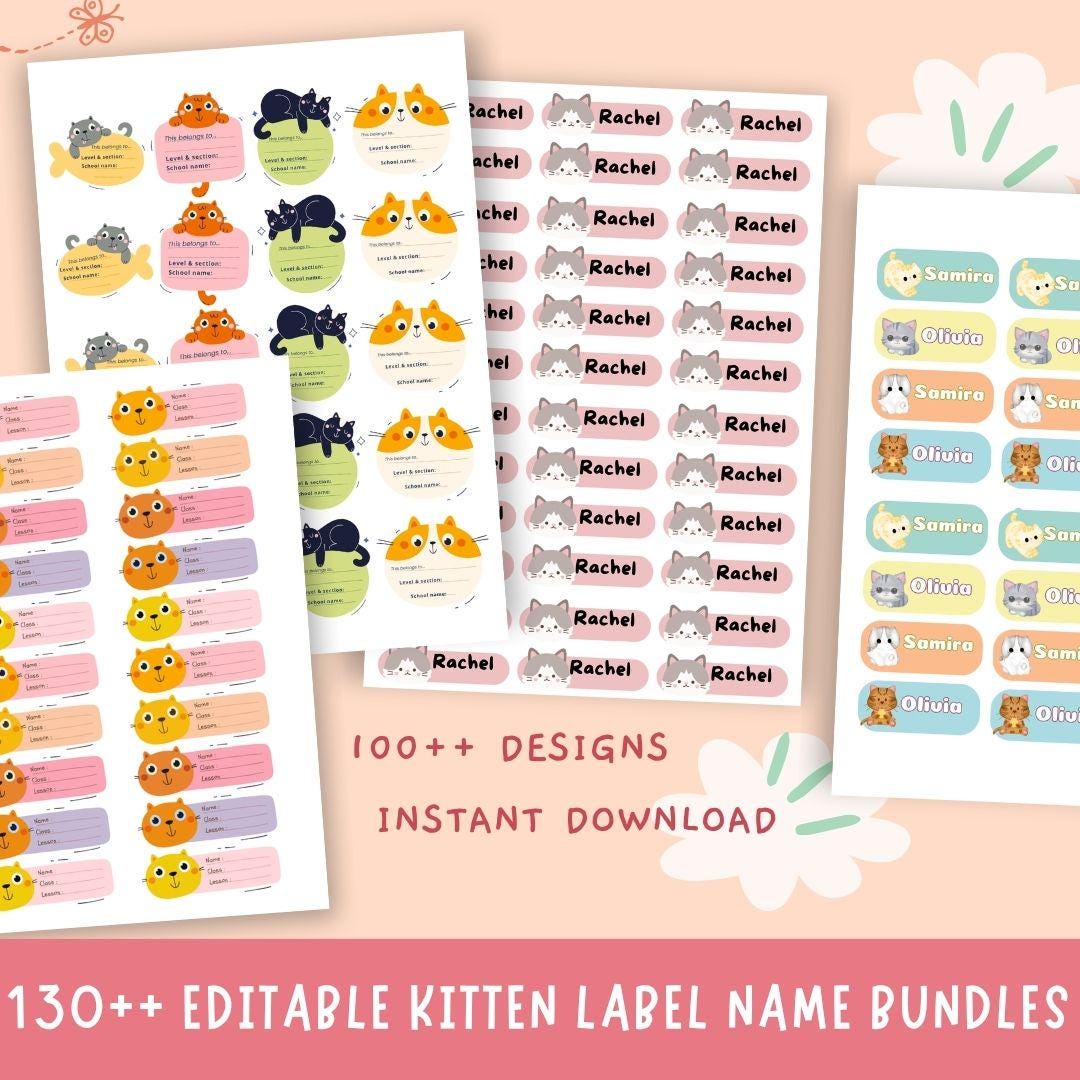 130+ Printable Kitten Name Stickers | Editable Cat Labels for Students ...