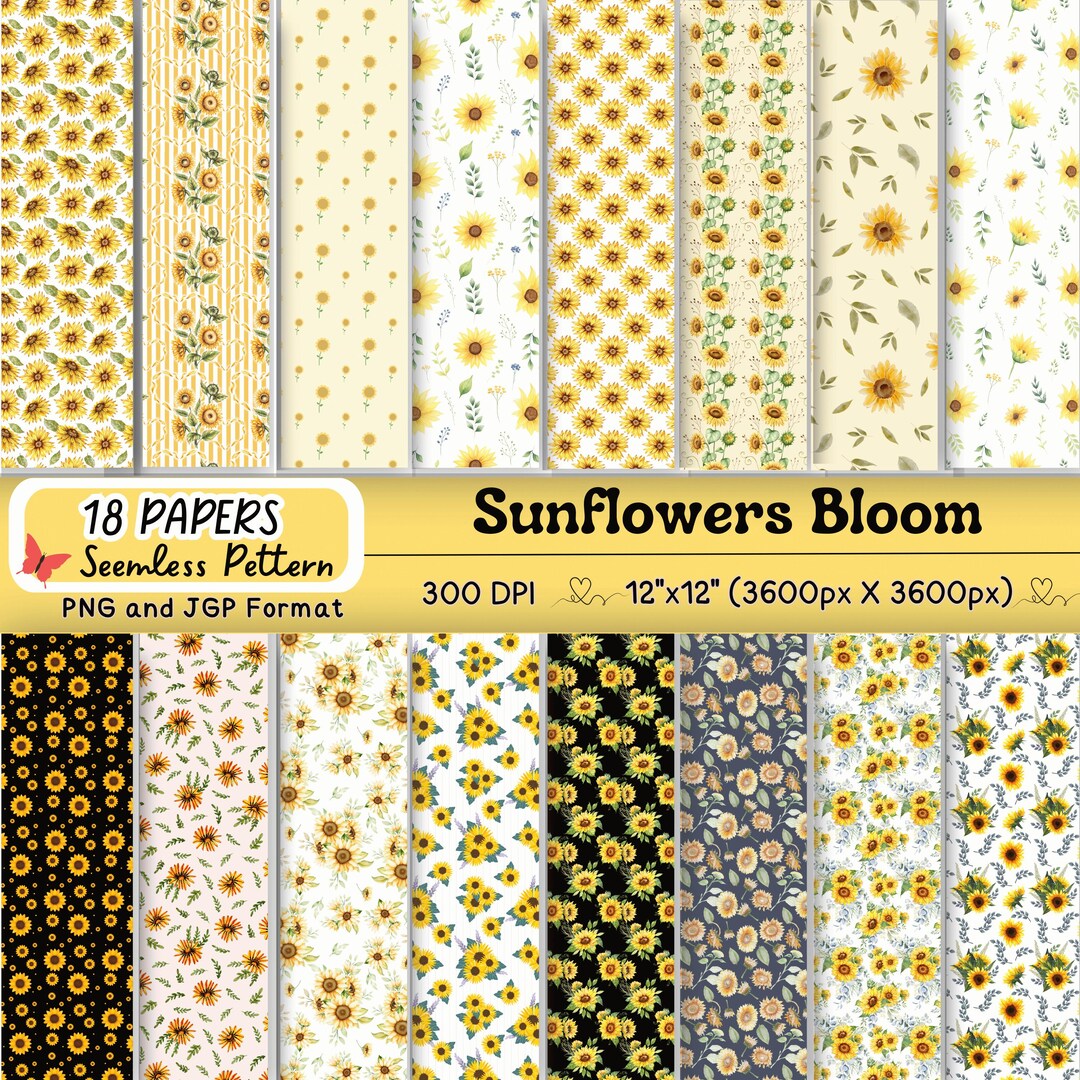 18 Watercolor Sunflower Digital Paper | Yellow Flowers Seamless Pattern ...