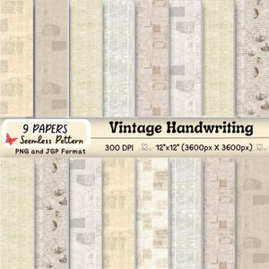 May include: Nine seamless digital papers with a vintage handwriting theme. The papers feature a variety of aged textures and patterns, including newspaper print and faded script. Each paper is 12x12 inches (3600px x 3600px) in PNG and JPG format.