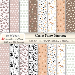 Op de afbeelding: Een verzameling van tien naadloze patroonpapieren met hondenpootafdrukken, botten en harten in verschillende kleuren. De patronen bevatten tinten bruin, zwart, wit en groen. De tekst "Cute Paw Bones" staat boven de patronen. Elk papier is 30,48 cm x 30,48 cm.
