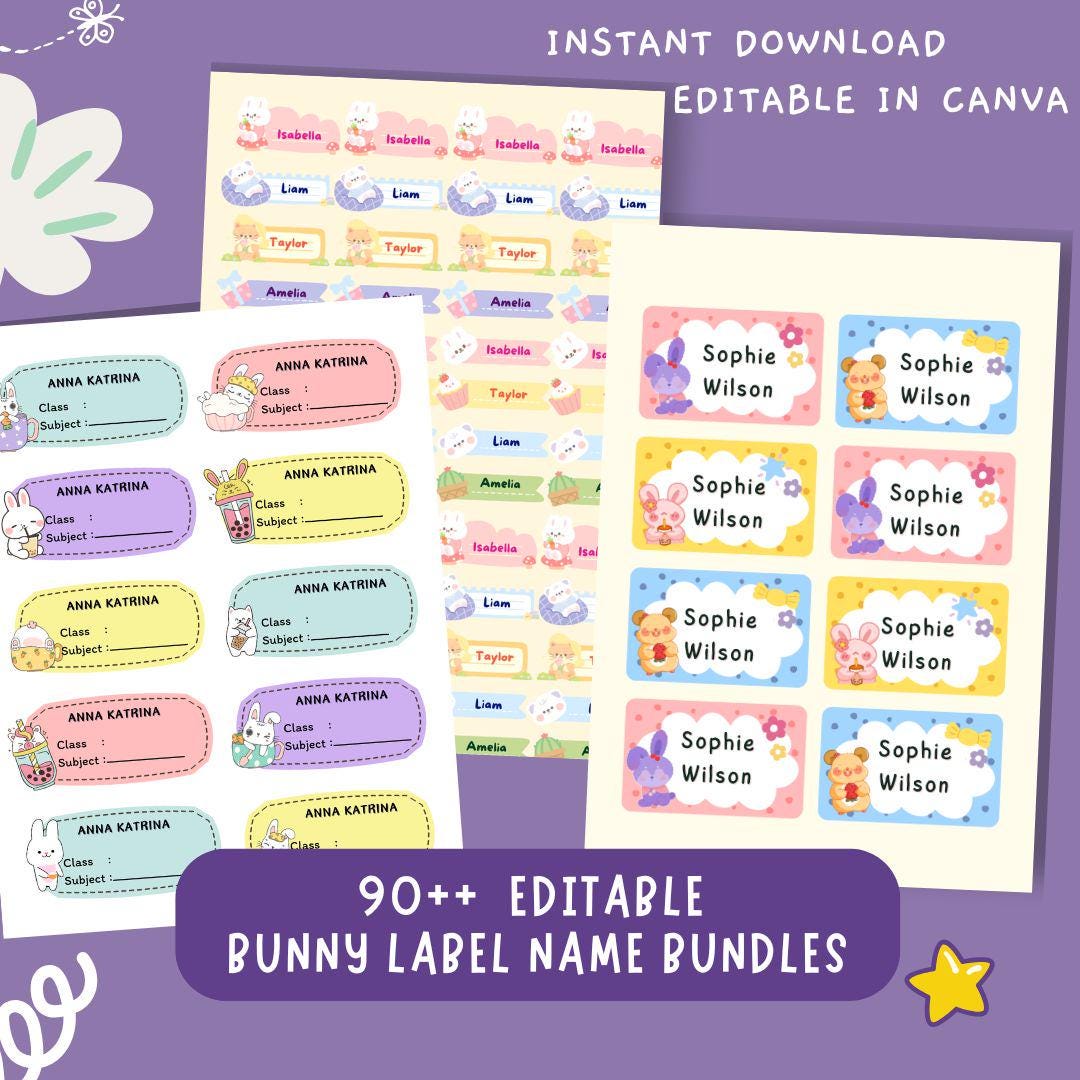 90+ Bunny Label Templates Editable | Kids Name Stickers for Lunchboxes ...