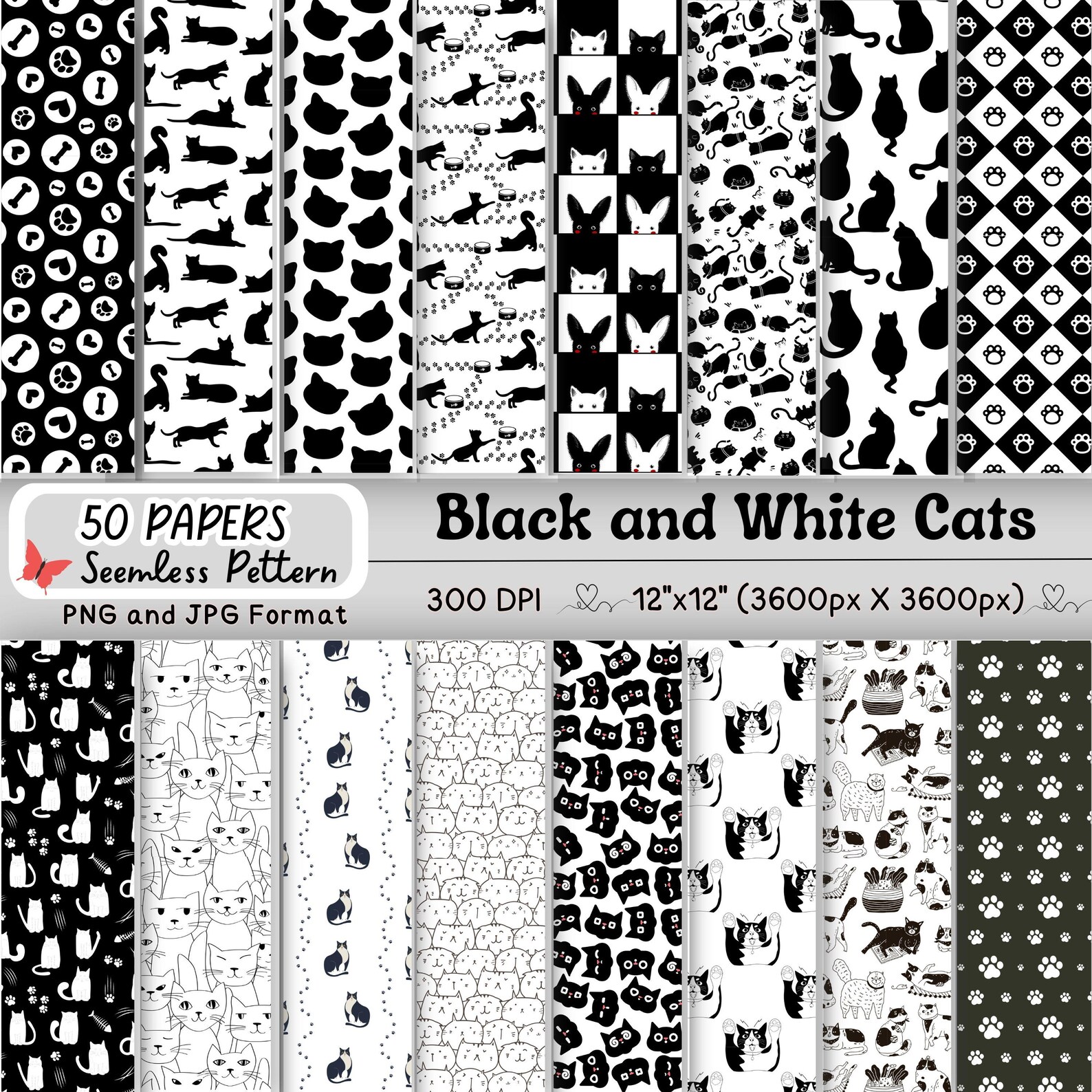 50 Black and White Cats Seamless Pattern | Cute Cats Digital Paper ...