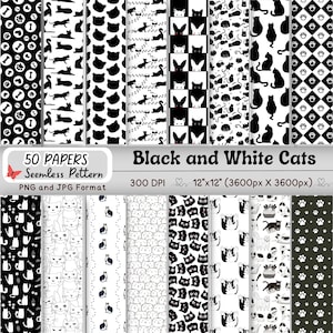 Può includere: Una collezione di motivi senza cuciture a tema gatto in bianco e nero. I motivi includono sagome di gatti, impronte di zampe e disegni geometrici. L'immagine include il testo "50 PAPERS Seemless Pattern" e "Black and White Cats".